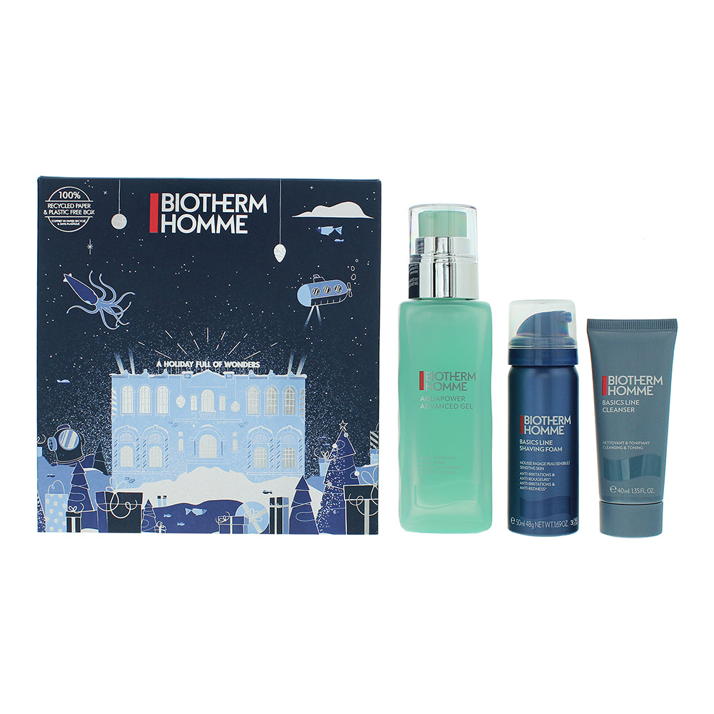 Biotherm Homme Aqua Power 3 Piece Gift Set: Cleansing Gel 40ml - Shaving Foam 50ml - Ultra-Moisturising & Strengthening Gel 75ml