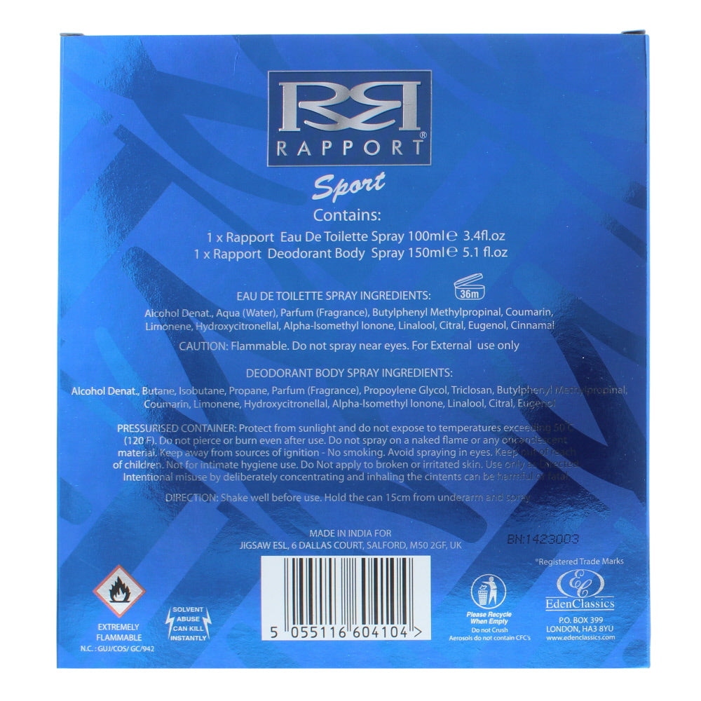 Rapport Sport Eau De Toilette 2 Piece Gift Set: Eau De Toilette 100ml - Body Spray 150ml