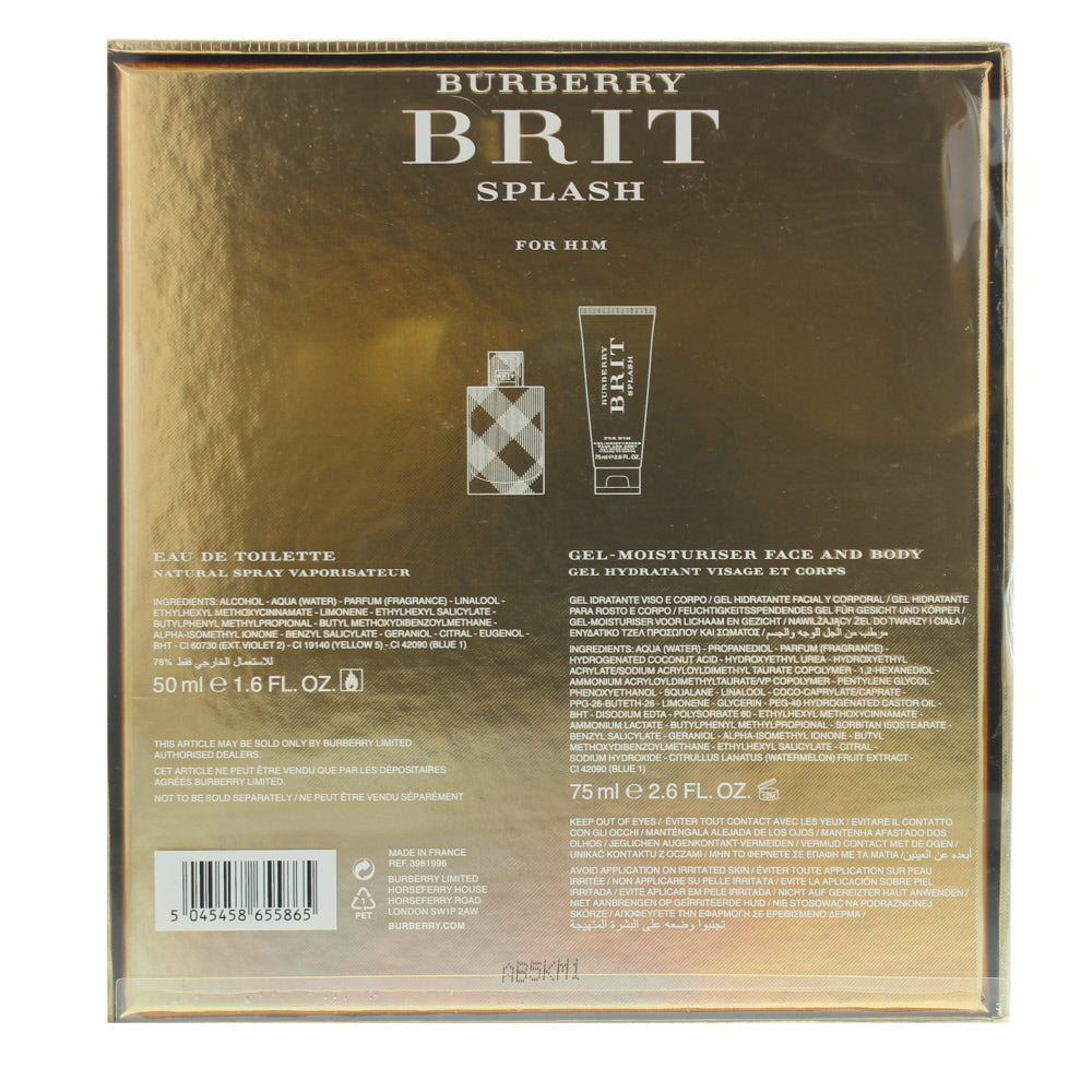 Burberry Brit Splash Eau De Toilette 2 Piece Gift Set: Eau De Toilette 50ml - Moisturiser 75ml