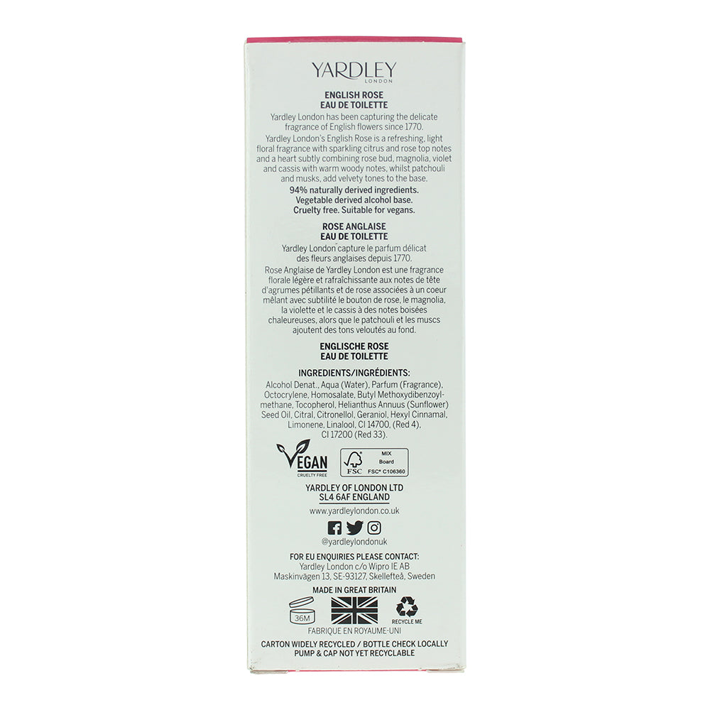 Yardley English Rose Eau de Toilette 50ml - Ingredients