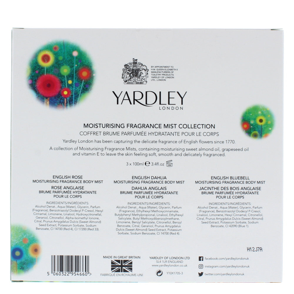 Yardley Fragrance Mist Collection Bodycare Set Gift Set : English Rose 100ml - English Dahlia 100ml - English Bluebell 100ml