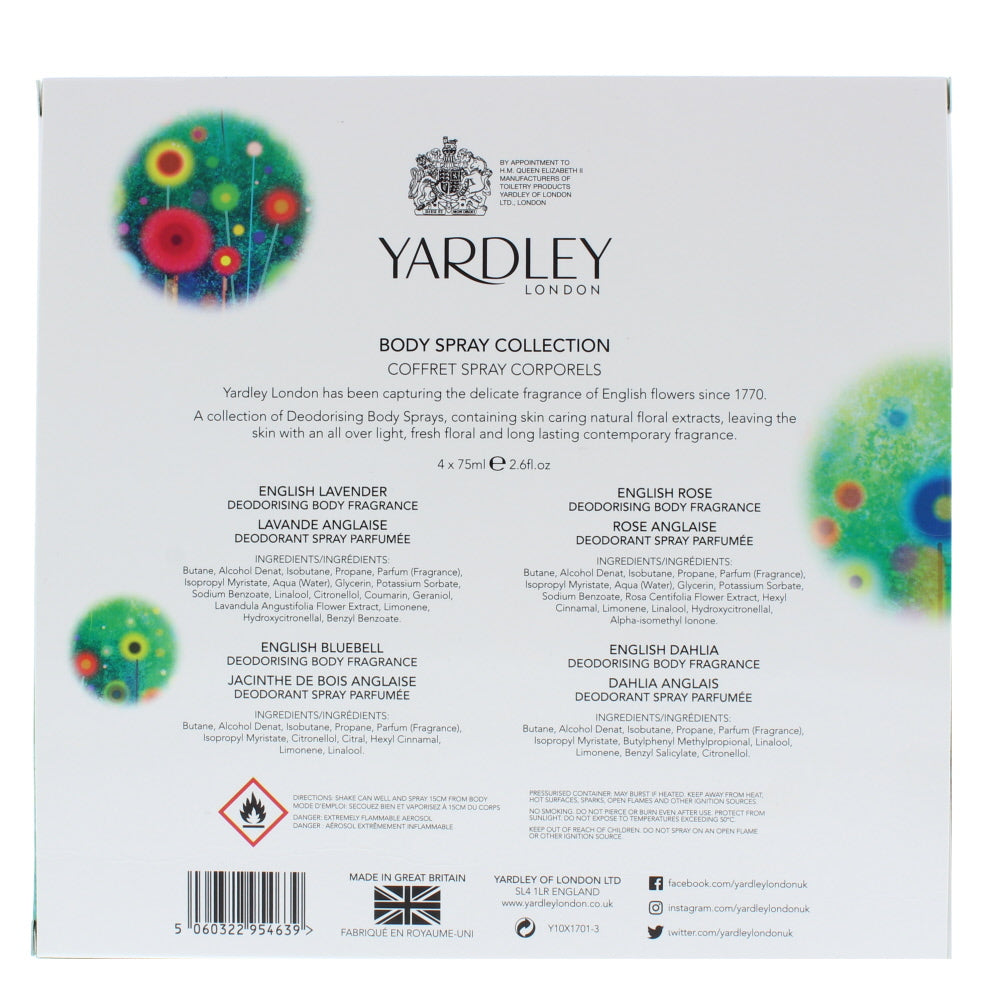 Yardley Body Spray Collection Deodorant & Anti-Perspirant 4 Pieces Gift Set