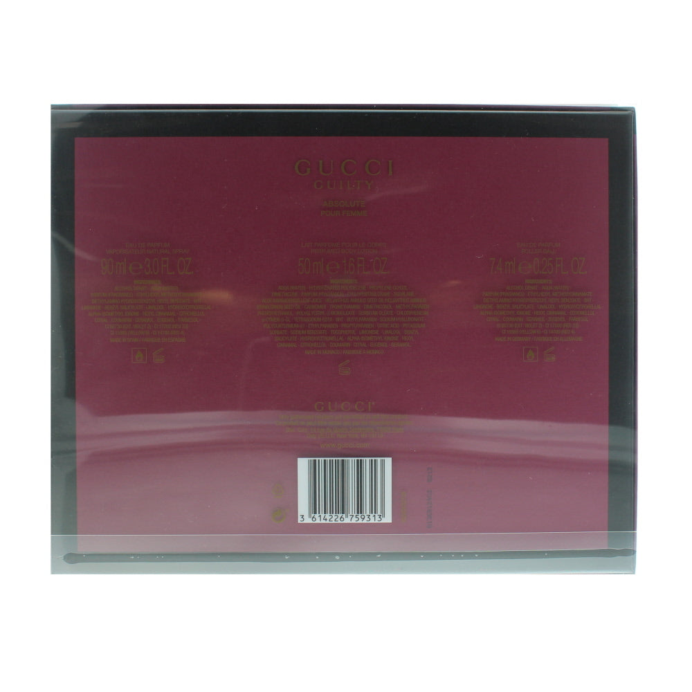 Gucci Guilty Absolute Pour Femme Eau De Parfum 3 Piece Gift Set: Eau De Parfum 90ml - Body Lotion 50ml - Eau De Parfum Roller Ball 7.4ml