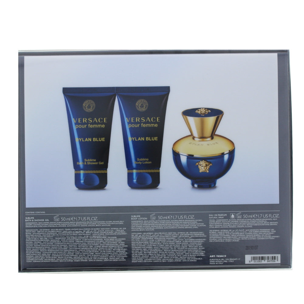 Versace Dylan Blue Pour Femme Eau De Parfum 3 Piece Gift Set: Eau de Parfum 50ml - Shower Gel 50ml - Body Lotion 50ml