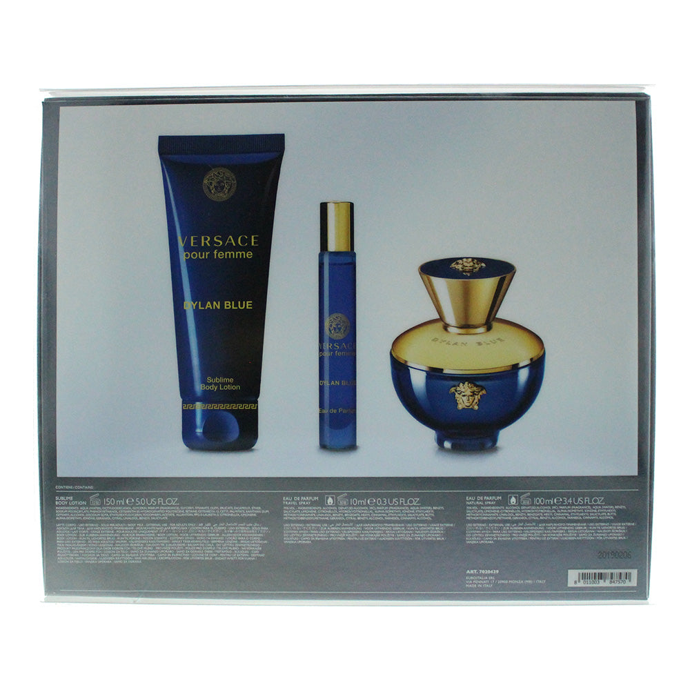 Versace Dylan Blue Pour Femme  Eau De Parfum 3 Piece Gift Set: Eau de Parfum 100ml - Eau de Parfum 10ml - Body Lotion 150ml
