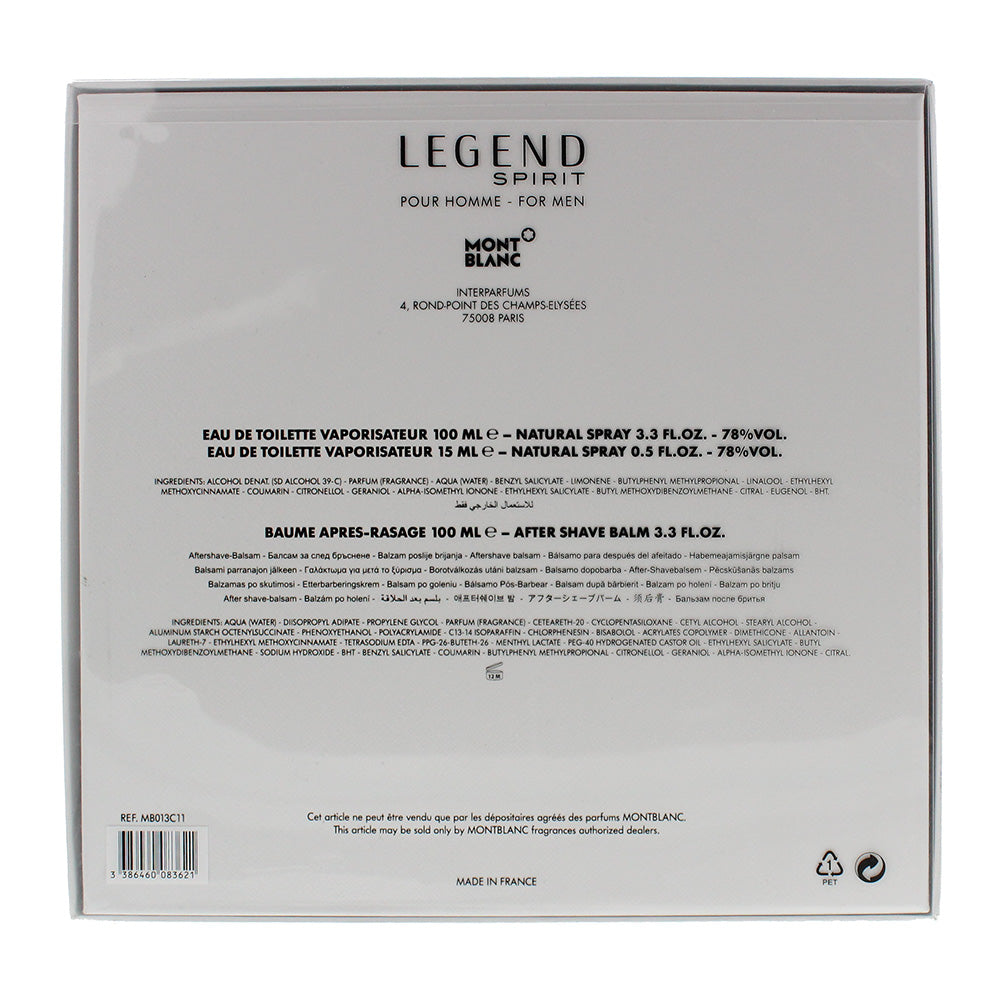 Montblanc Legend Spirit Eau de Toilette 3 Pieces Gift Set : Eau de Toilette 100ml Aftershave Lotion 100ml Eau de Toilette 15ml