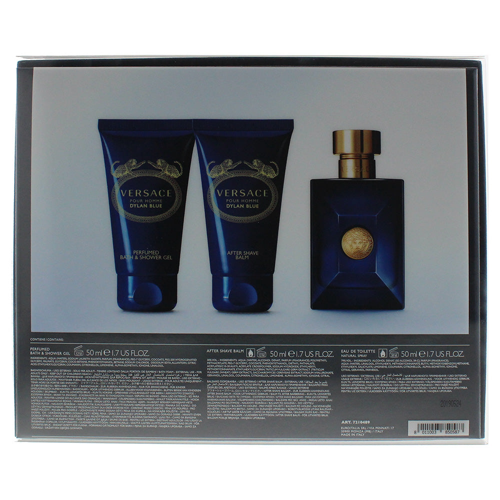 Versace Dylan Blue Eau De Toilette 3 Piece Gift Set : Eau De Toilette 50ml - Bath & Shower Gel 50ml - Aftershave Balm 50ml