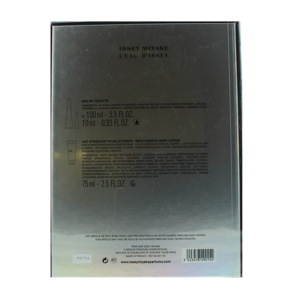 Issey Miyake L'eau D'issey 3 Piece Eau De Toilette 100ML Eau De Toilette 10ML Body Lotion 75ML