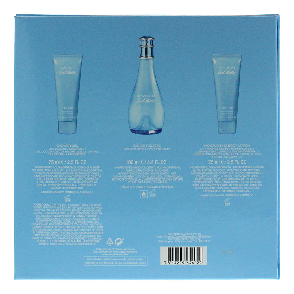 Davidoff Cool Water Woman 3 Piece Eau De Toilette 100ML Body Lotion 75ML Shower Gel 75ML