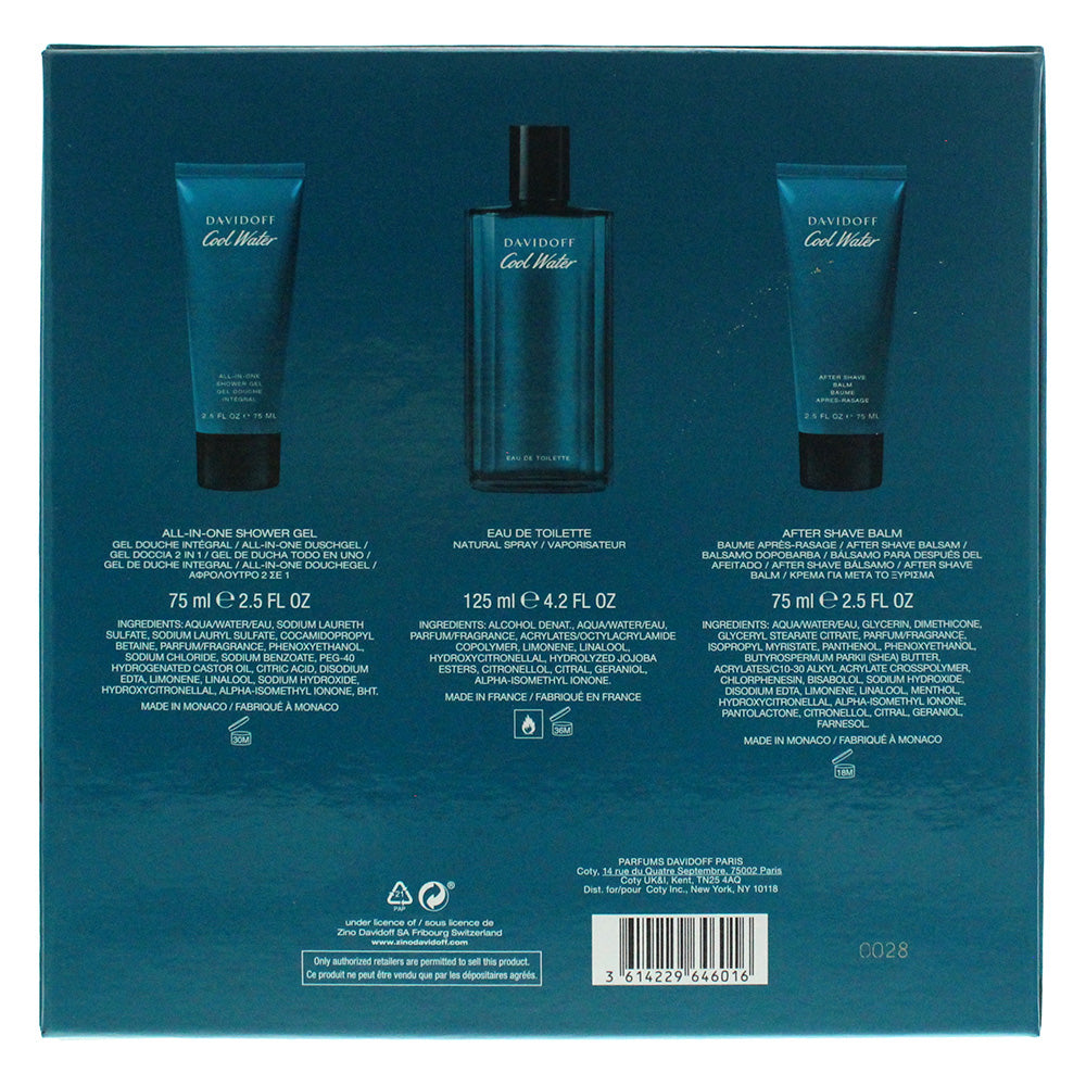 Davidoff Cool Water 3 Piece Eau De Toilette 125ML Aftershave Balm 75ML Shower Gel 75ML