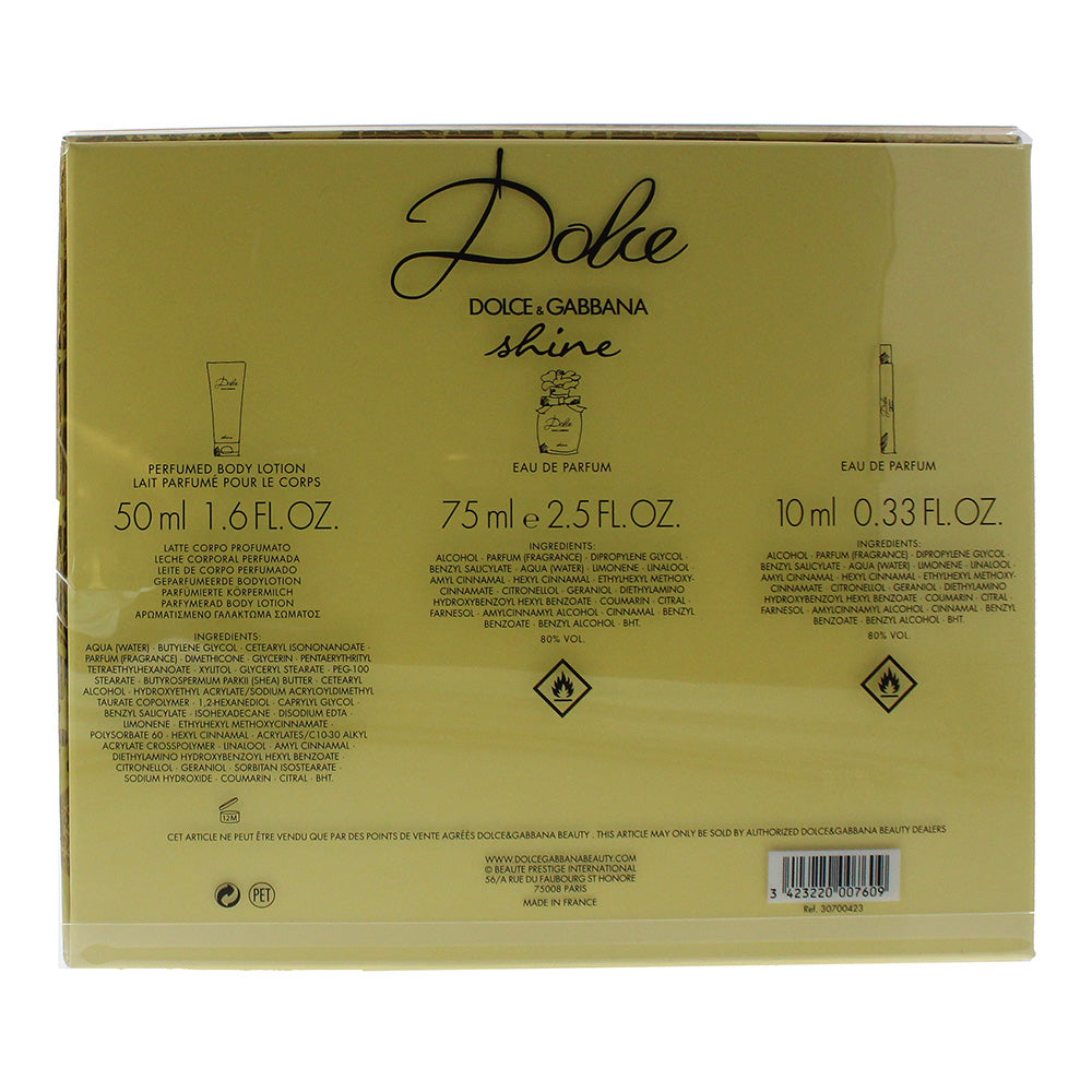 Dolce & Gabbana Dolce Shine 3 Piece Eau De Parfum 75ml Body Lotion 50ml Eau De Parfum 10ml