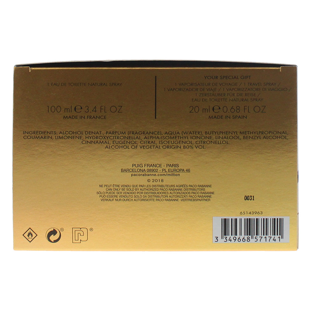 Paco Rabanne 1 Million 2 Piece Set: Eau De Toilette 100ml - Eau De Toilette 20ml