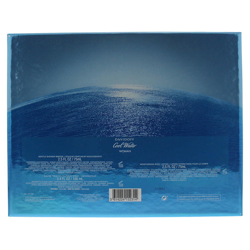 Davidoff Cool Water Woman Eau De Toilette 3 Piece Gift Set: Eau De Toilette 100ml - Shower Gel 75ml - Body Lotion 75ml