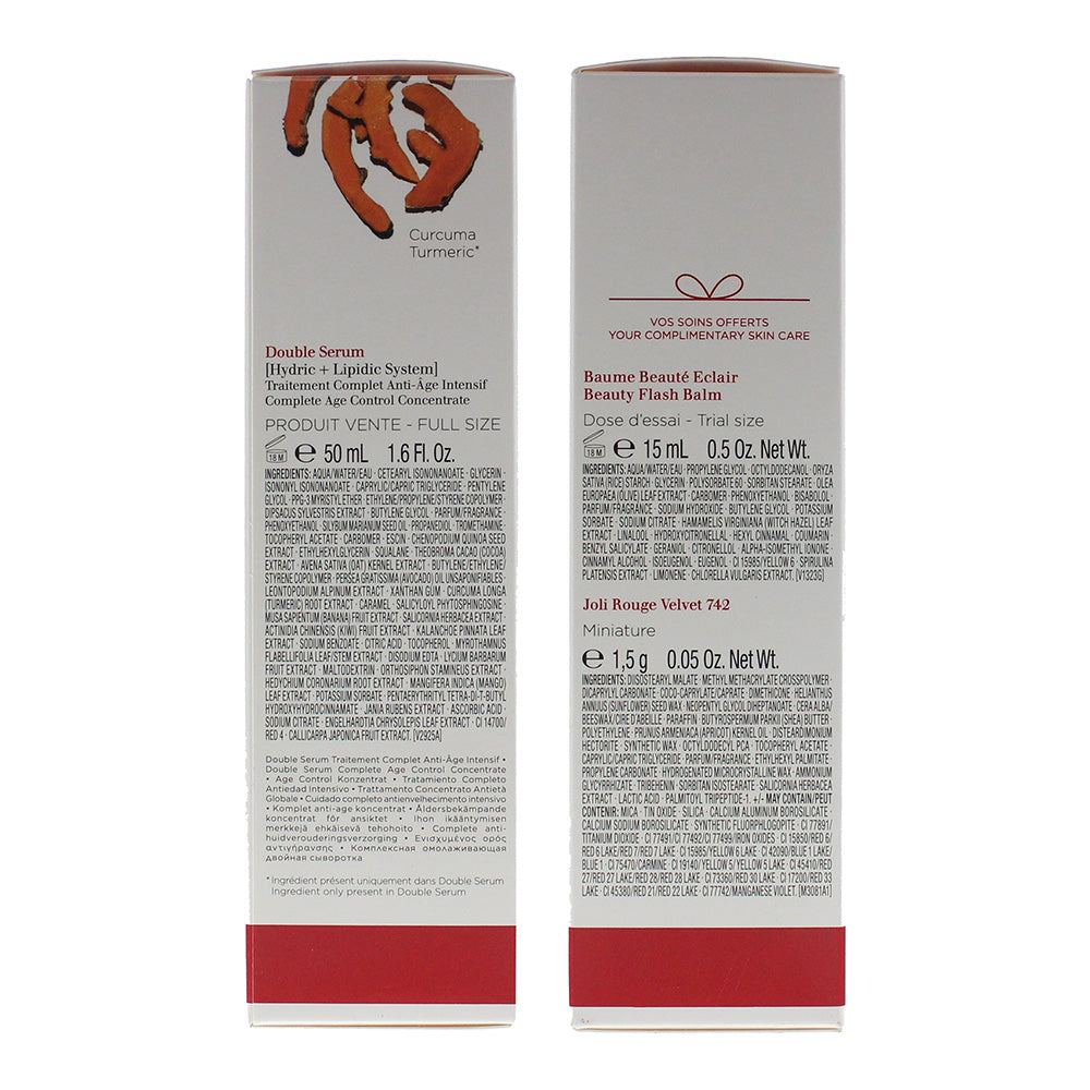 Clarins Double Serum 3 Piece Gift Set: Double Serum 50ml - Beauty Flash Balm 15ml - Joli Rouge Velvet Lipstick #742 1.5g