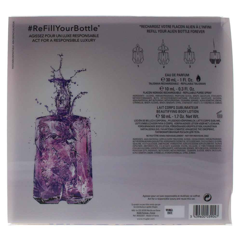 Mugler Alien 3 Piece Gift Set: Eau De Parfum 30ml - Refillable Purse Spray 10ml - Body Lotion 50ml