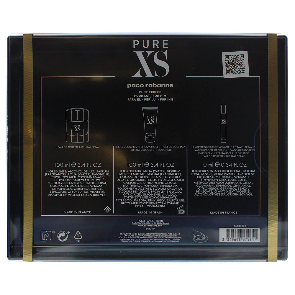 Paco Rabanne Pure Xs Eau De Toilette 3 Piece Gift Set: Eau De Toilette 100ml - Shower Gel 100ml - Eau De Toilette 10ml