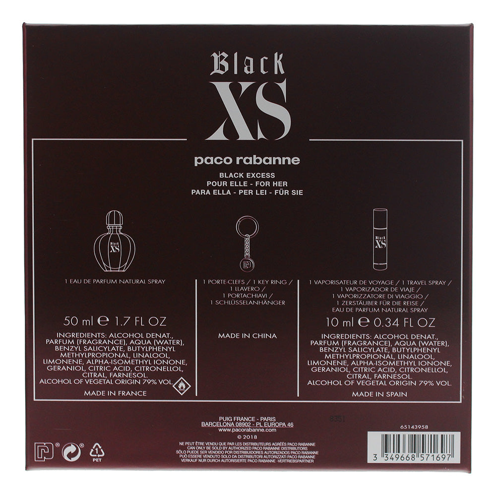 Paco Rabanne Black Xs Eau De Parfum 3 Piece Gift Set: Eau De Parfum 50ml - Eau De Parfum 10ml - Key Ring