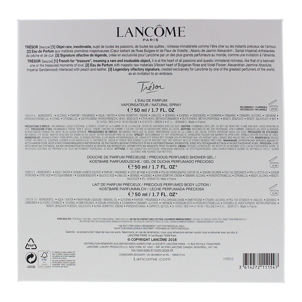 Lancôme Trésor Eau De Parfum 3 Piece Gift Set: Eau De Parfum 50ml - Body Lotion 50ml - Shower Gel 50ml