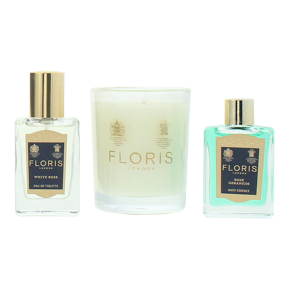 Floris 3 Piece Gift Set: White Rose Eau de Toilette 14ml - Rose Geranium Bath Es - Product