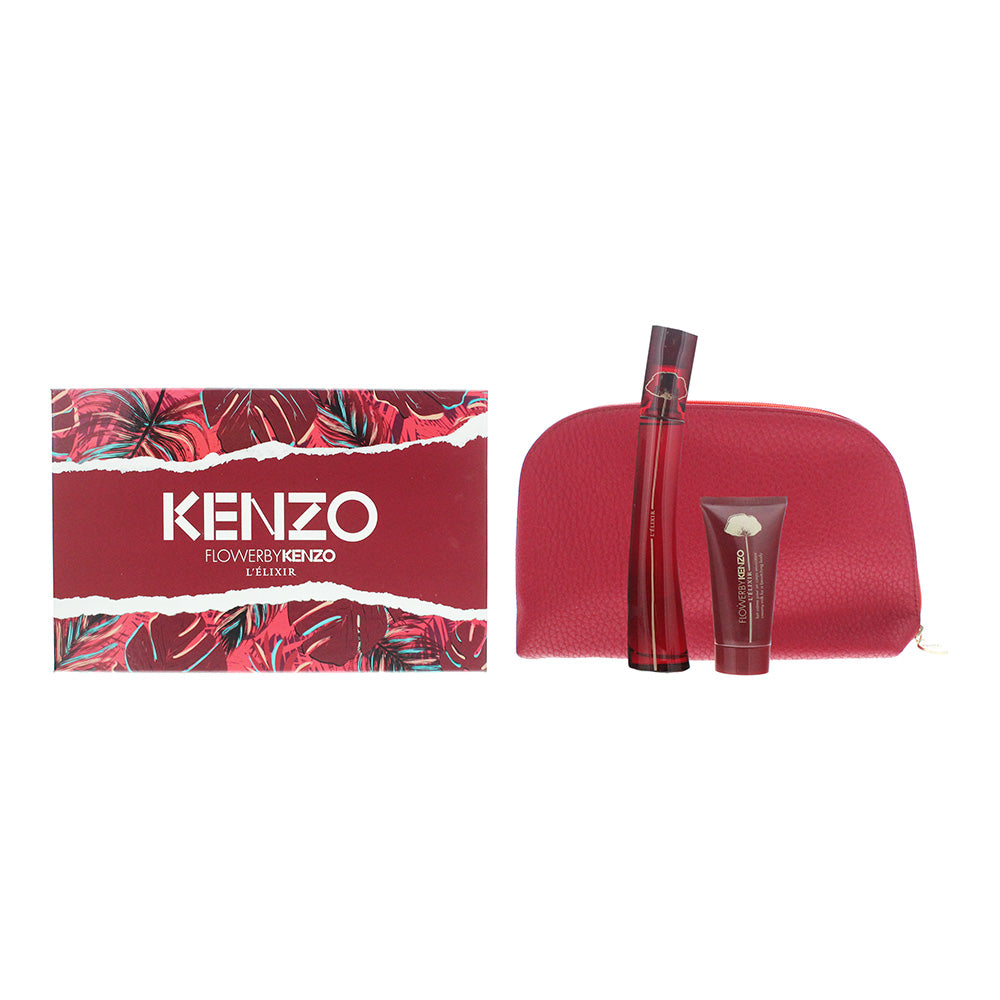 Kenzo Flower L'élixir  Eau De Parfum 3 Piece Gift Set: Eau De Parfum 50ml - Body Lotion 50ml - Pouch