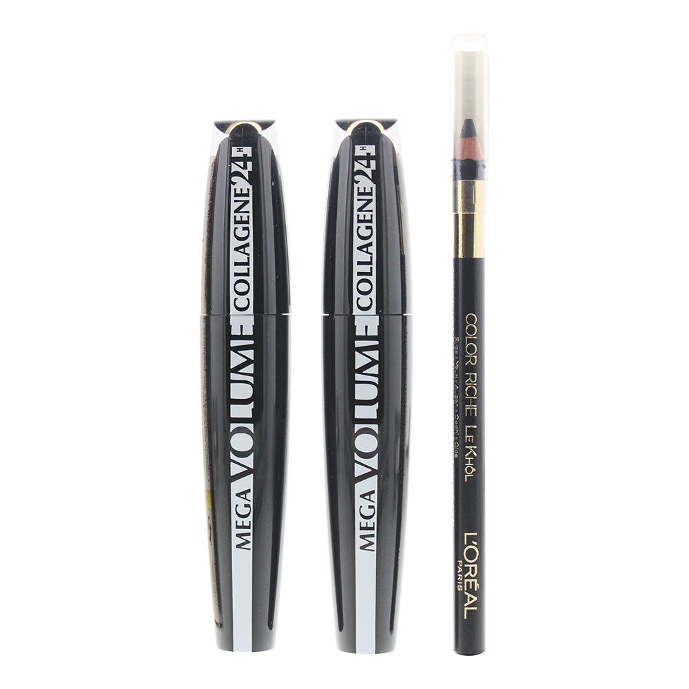 L'oreal 2 Piece Gift set: Mega Volume Black Mascara 9ml x 2 - Kohl Eye Pencil 2m - Product