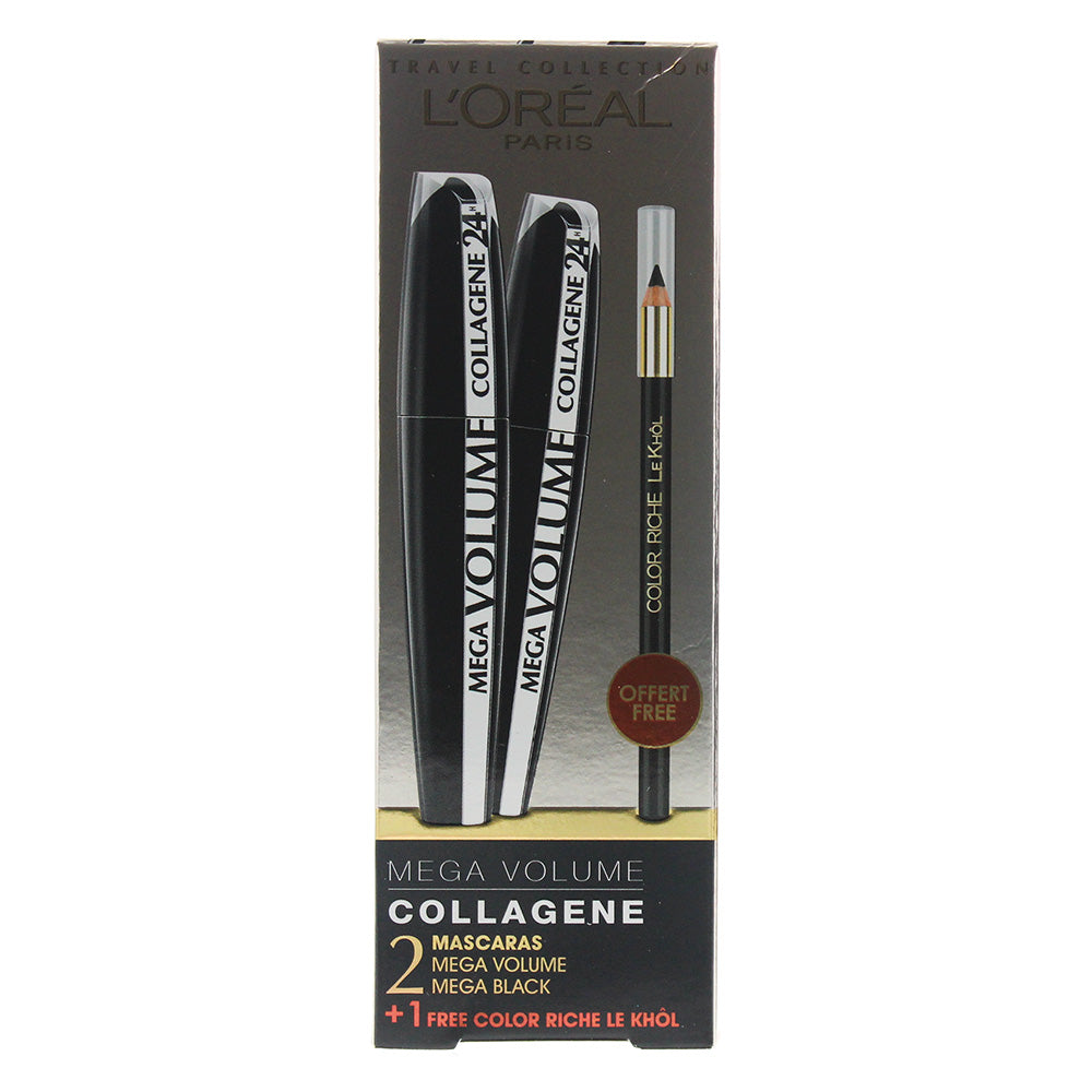 L'oreal 2 Piece Gift set: Mega Volume Black Mascara 9ml x 2 - Kohl Eye Pencil 2m - Box