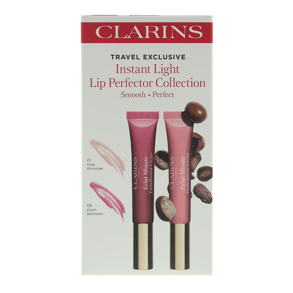 Clarins Instant Light Lip Perfector Duo: 01 Rose Shimmer 12ml - 08 Plum Shimmer  - Box