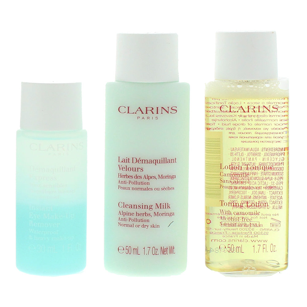 Clarins 3 Piece Gift Set: Eye Make-Up Remover 30ml - Cleansing Milk 50ml -  Toning Lotion 50ml for Normal to Dry Skin - Product
