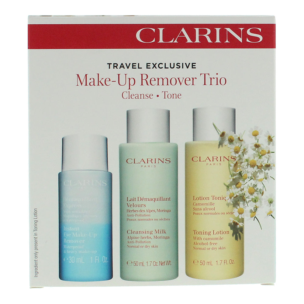 Clarins 3 Piece Gift Set: Eye Make-Up Remover 30ml - Cleansing Milk 50ml -  Toning Lotion 50ml for Normal to Dry Skin - Box