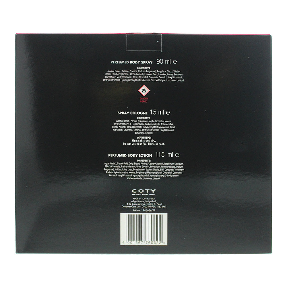 Coty Ex'cla·Ma'tion 3 Piece Gift Set: Cologne 15ml - Body Spray 90ml - Body Loti - Ingredients