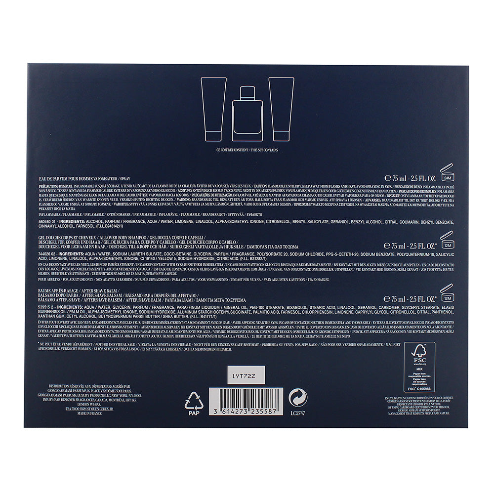 Giorgio Armani Acqua Di Gio Profondo 3 Piece Gift Set: Eau De Parfum 75ml - Aftershave Balm 75ml - Shower Gel 75ml