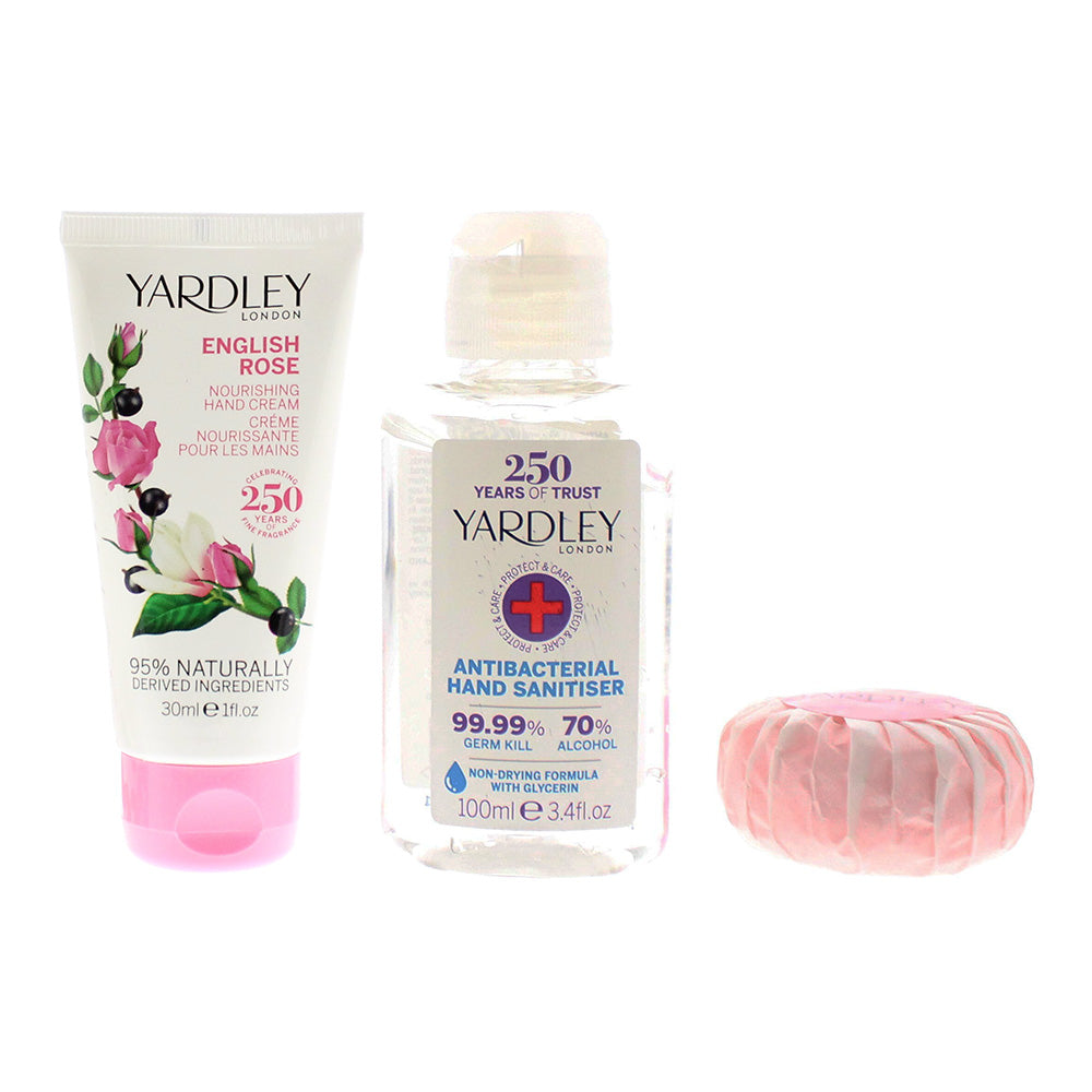 Yardley Protect & Care 3 Piece Gift Set: English Rose Hand Cream 30ml - English Rose Soap 50g - Hand Sanitiser 100ml - Product