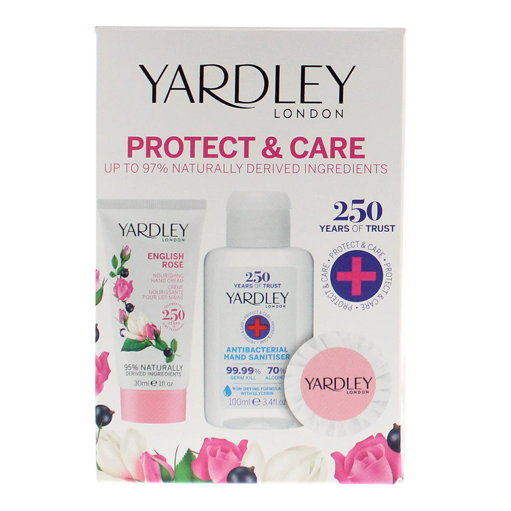 Yardley Protect & Care 3 Piece Gift Set: English Rose Hand Cream 30ml - English Rose Soap 50g - Hand Sanitiser 100ml - Box