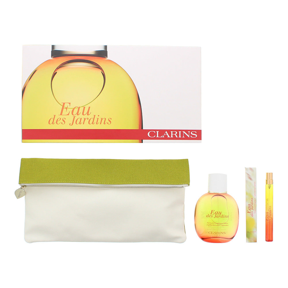 Clarins Eau de Jardins 3 Piece Eau de Soins 100ml - Refillable Spray 10ml - Pouch