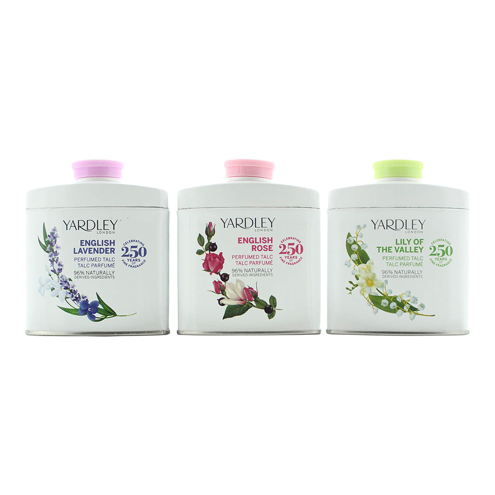 Yardley 3 Piece Gift Set: English Lavender Talcum Powder 50g - English Rose Talcum Powder 50g - Lily Of The Valley Talcum Powder 50g - Box