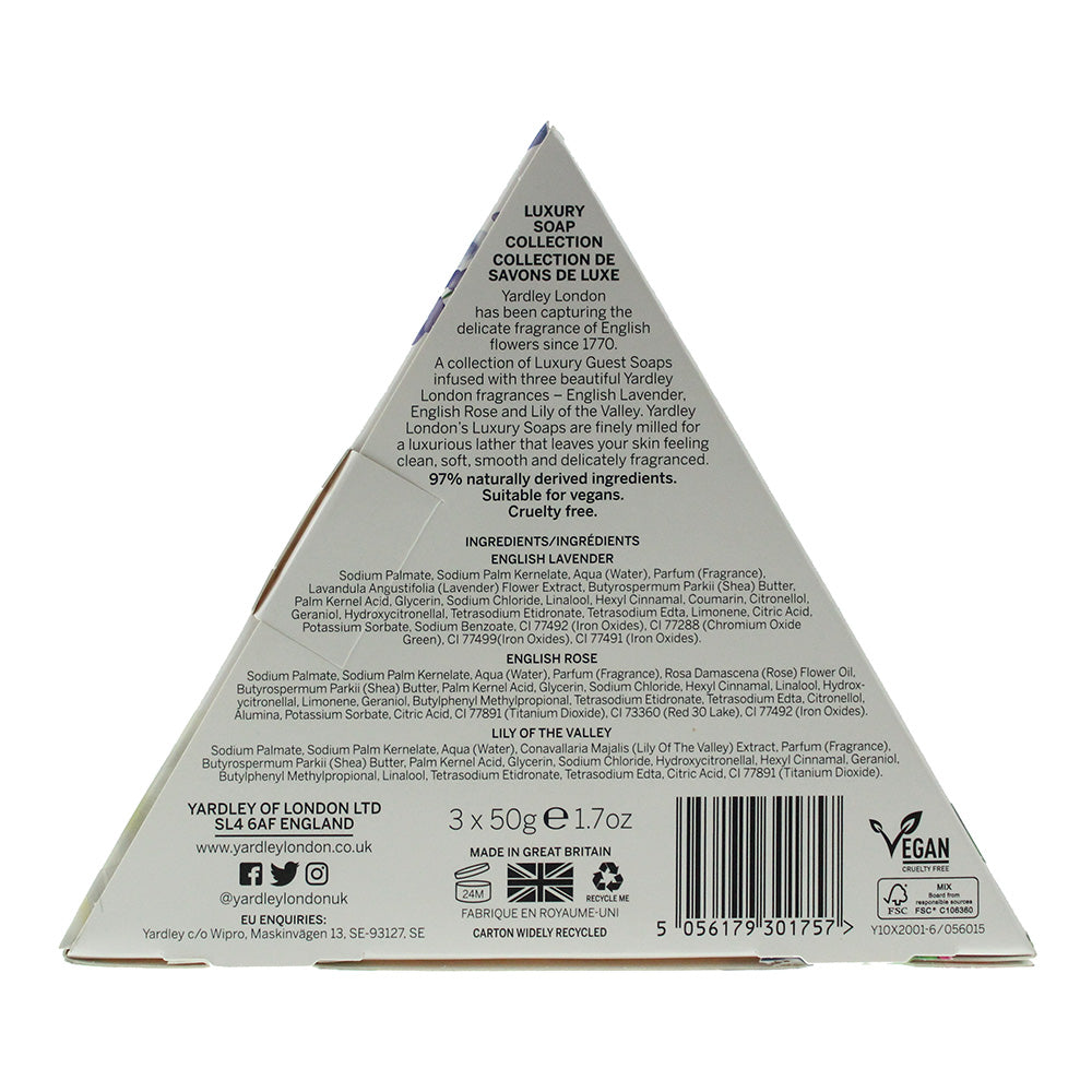 Yardley 3 Piece Gift Set: Enlish Lavender Soap 50g - English Rose Soap 50g - Lily Of The Vally Soap 50g