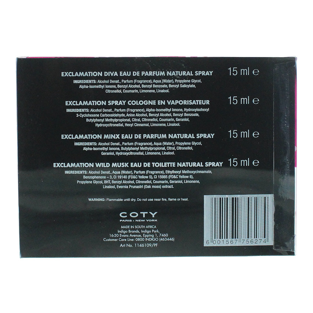 Coty Ex'cla·Ma'tion 4 Piece Gift Set: Diva Eau De Parfum 15ml - Cologne Spray 15ml - Minx Eau De Parfum 15ml - Wild Musk Eau De Toilette 15ml