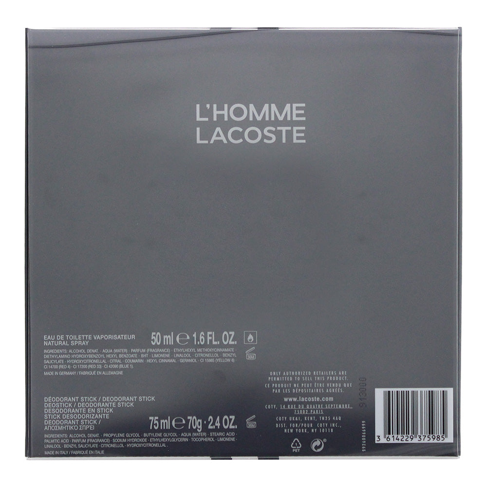 Lacoste L'Homme 2 Piece Gift Set: Eau De Toilette 50ml - Deodorant Stick 75g