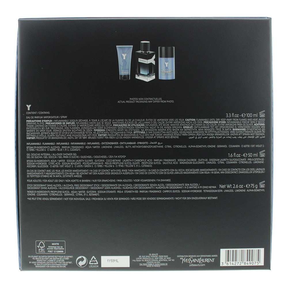 Yves Saint Laurent Y Eau De Parfum 3 Piece Gift Set: Eau De Parfum 100ml - Deodorant Stick 75g - Shower Gel 50ml