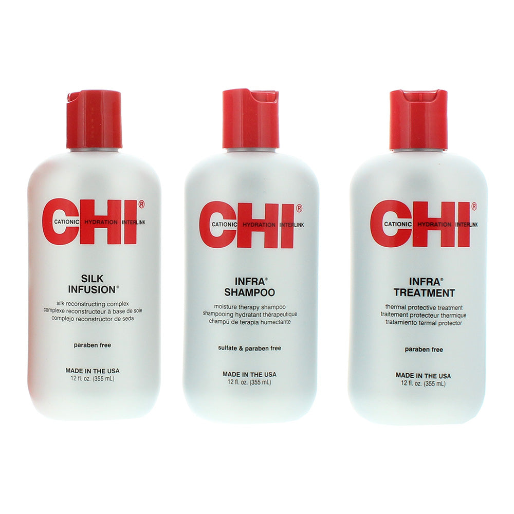 CHI Trio Kit 3 Piece Gift Set: Infra Shampoo 355ml - Infra Treatment 355ml - Silk Infusion 355ml - Box