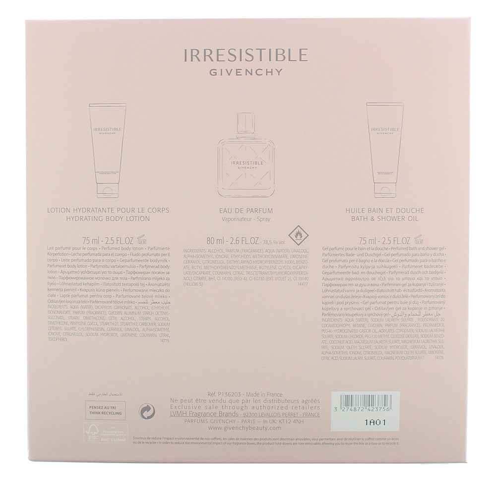 Givenchy Irresistible Eau De Parfum 3 Piece Gift Set: Eau De Parfum 80ml - Shower Oil 75ml - Body Lotion 75ml