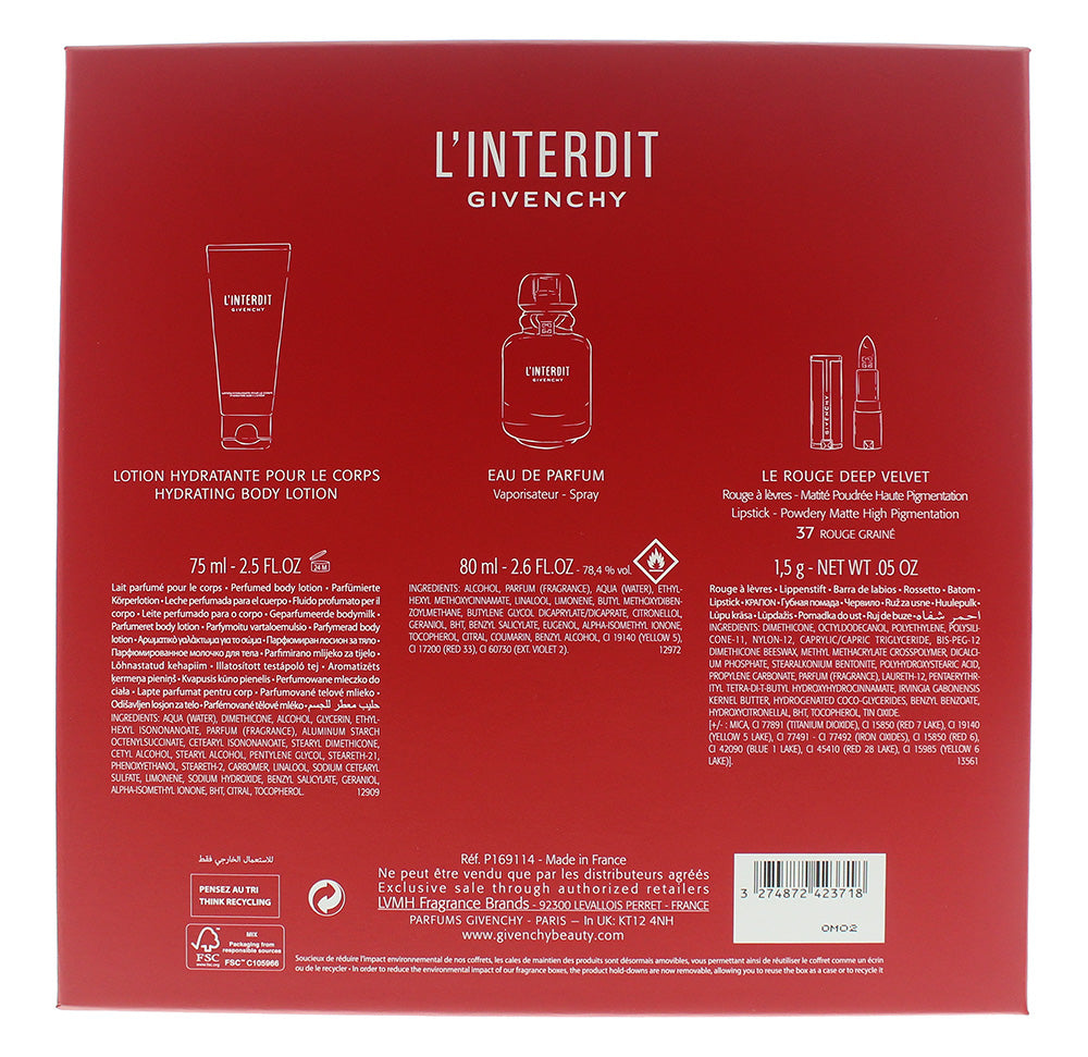 Givenchy L'interdit 3 Pcs:  Eau De Parfum 80ML + Body Lotion 75ML + Le Rouge Deep Velvet Lipstick 1.5G