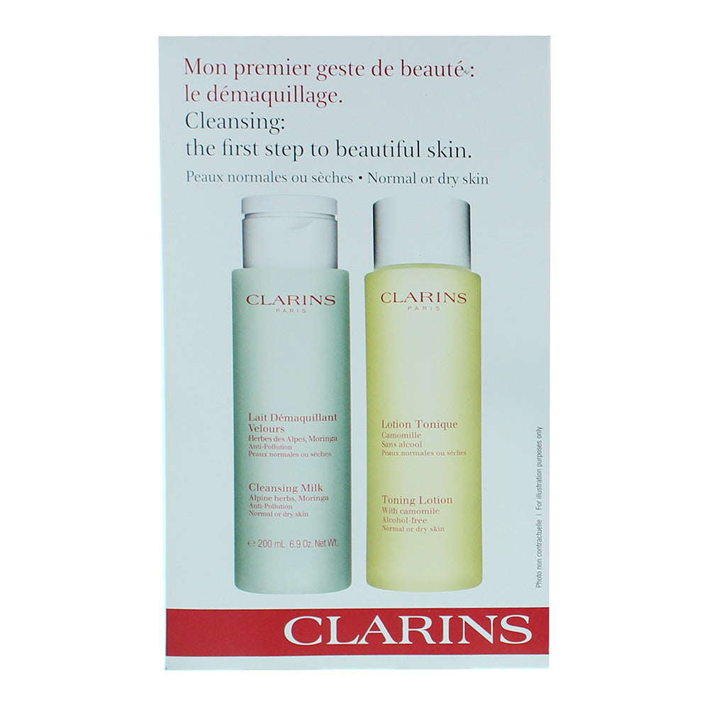 Clarins 2 Piece Set For Normal or Dry Skin: Cleansing Milk 200ml - Toning Lotion 200ml - Box