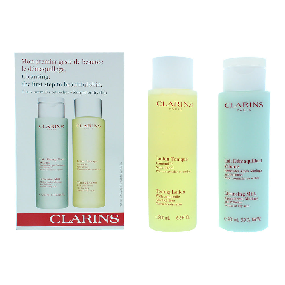 Clarins 2 Piece Set For Normal or Dry Skin: Cleansing Milk 200ml - Toning Lotion 200ml