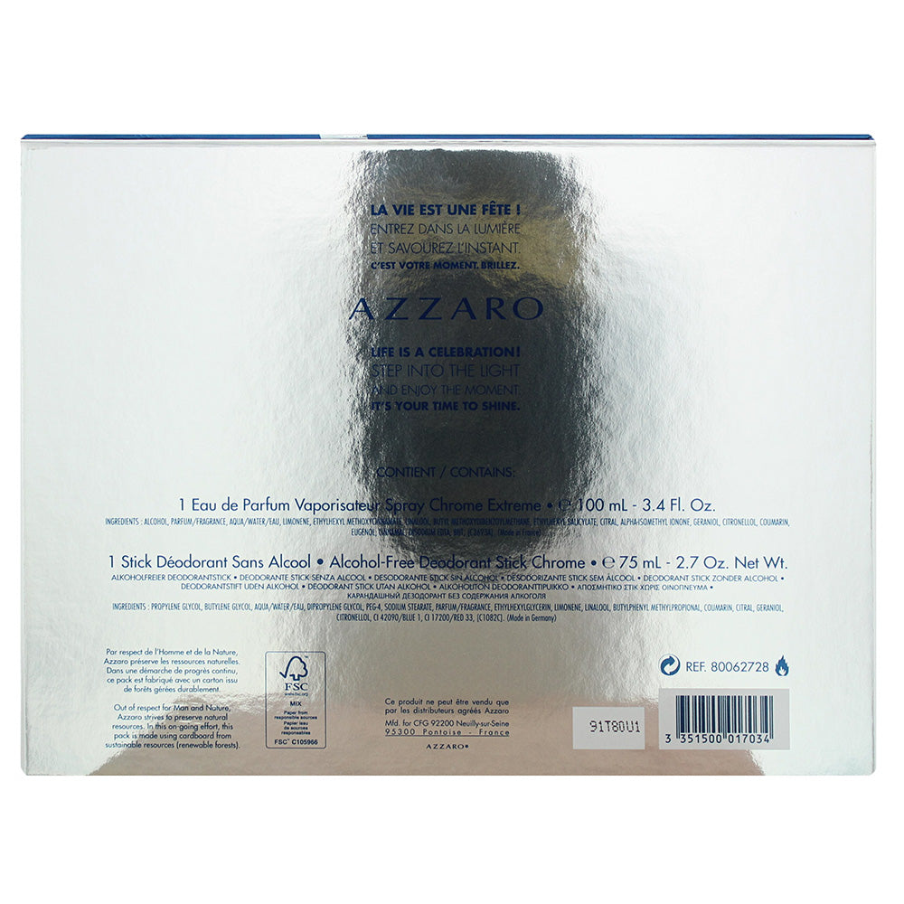 Azzaro Chrome Extreme 2 Piece Gift Set;  Eau De Parfum 100ml - Deodorant Stick 75g
