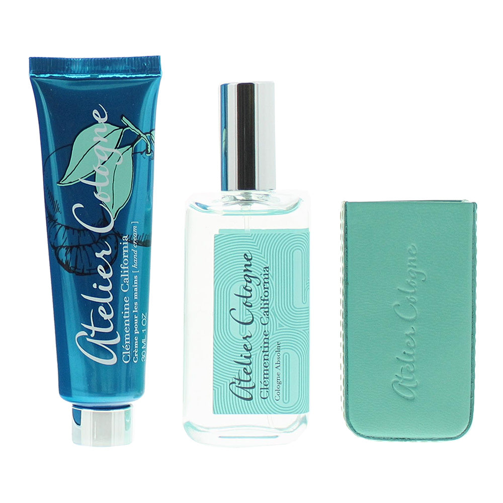 Atelier Cologne Clementine California 3 Piece Gift Set: Pure Perfume 30ml - Hand Cream 30ml - Leather Case - Box