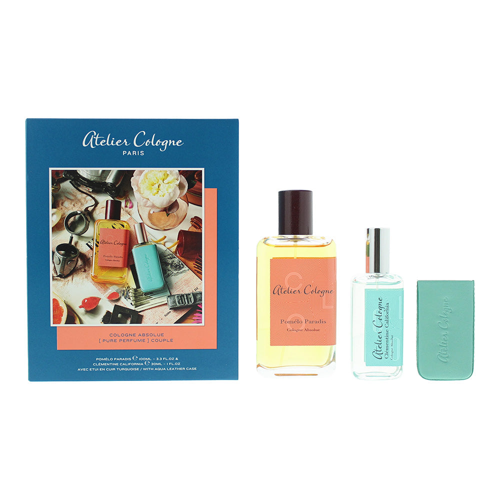 Atelier Cologne 3 Piece Gift Set: Pomelo Paradis Pure Perfume 100ml - Clementine California Pure Perfume 30ml - Leather Case