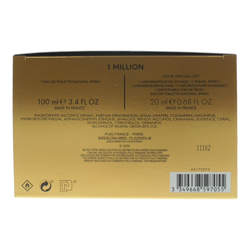 Paco Rabanne 1 Million 2 Piece Gift Set: Eau De Toilette 100ml -Eau De Toilette 20ml