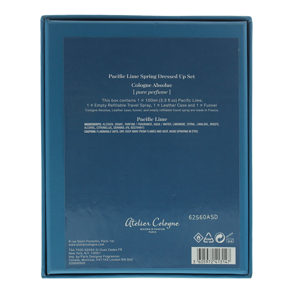 Atelier Cologne Pacific Lime 4 Piece Gift Set: Pure Perfume 100ml - Empty Travel Bottle - Leather Case - Funnel