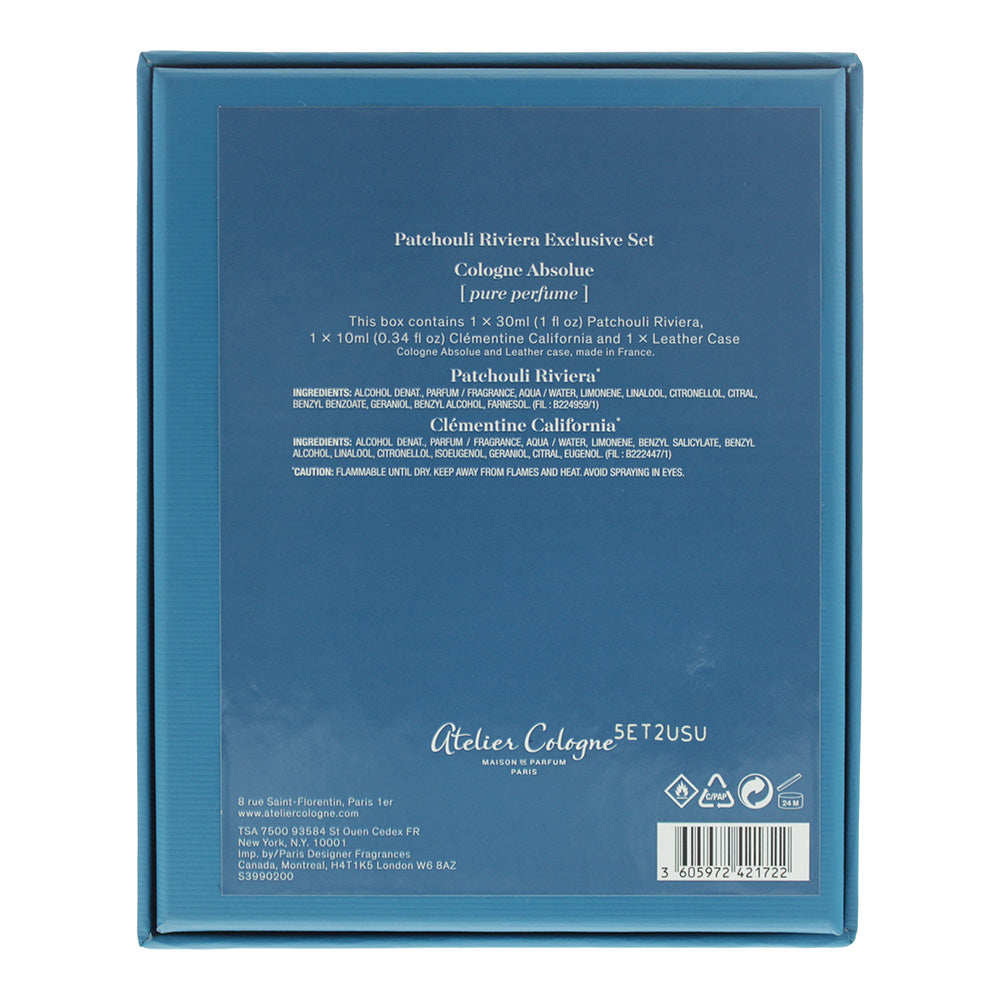 Atelier Cologne 3 Piece Gift Set: Patchouli Riviera Pure Perfume 30ml - Clementine California Pure Perfume 10ml - Leather Case